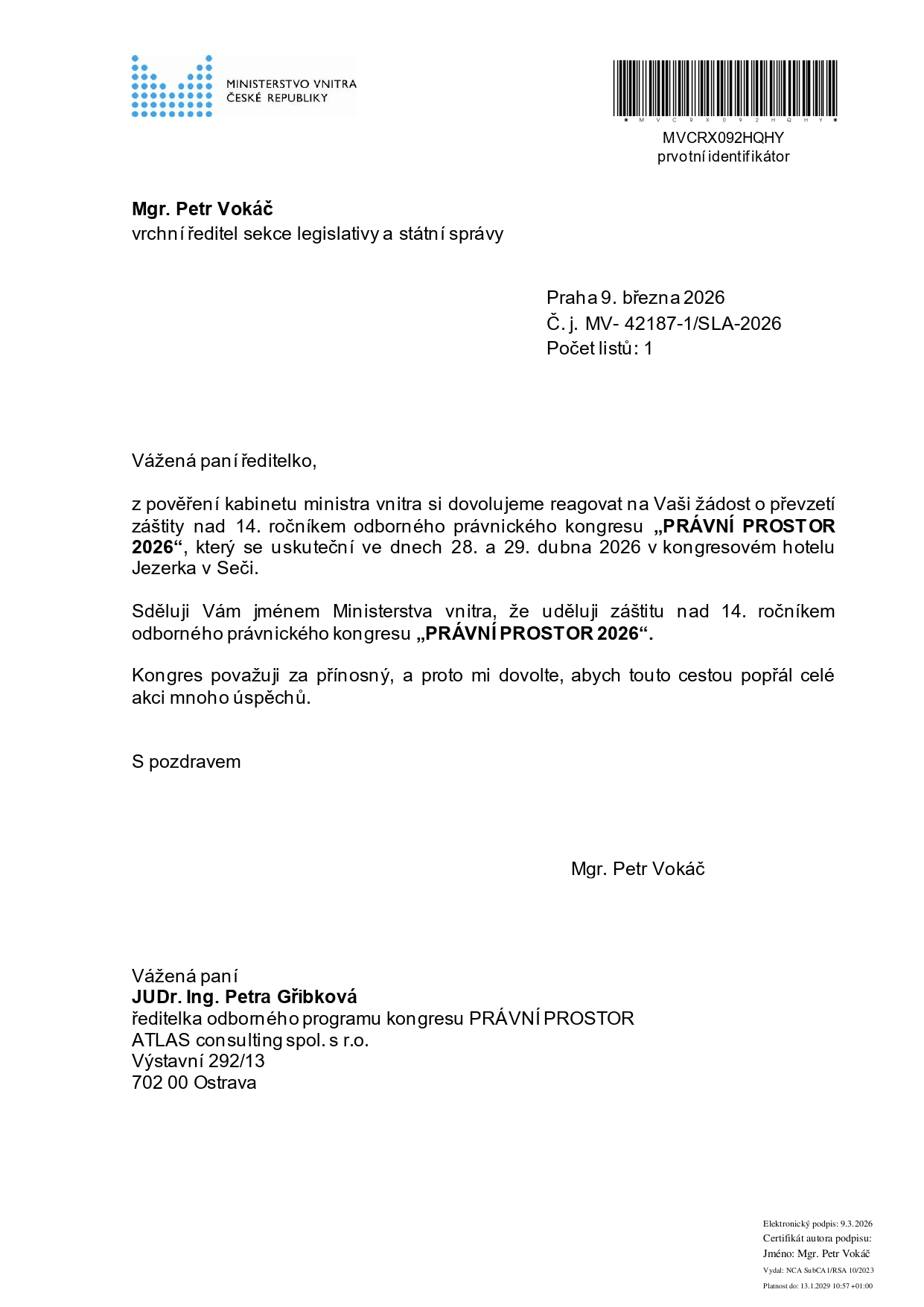 Záštita, Ministerstvo vnitra ČR
